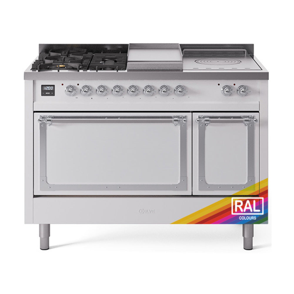 ILVE Nostalgie II Noblesse 48" Dual Fuel Freestanding Range 5 Sealed Burners + Griddle + French Top with Solid Door UN48FSQNMP