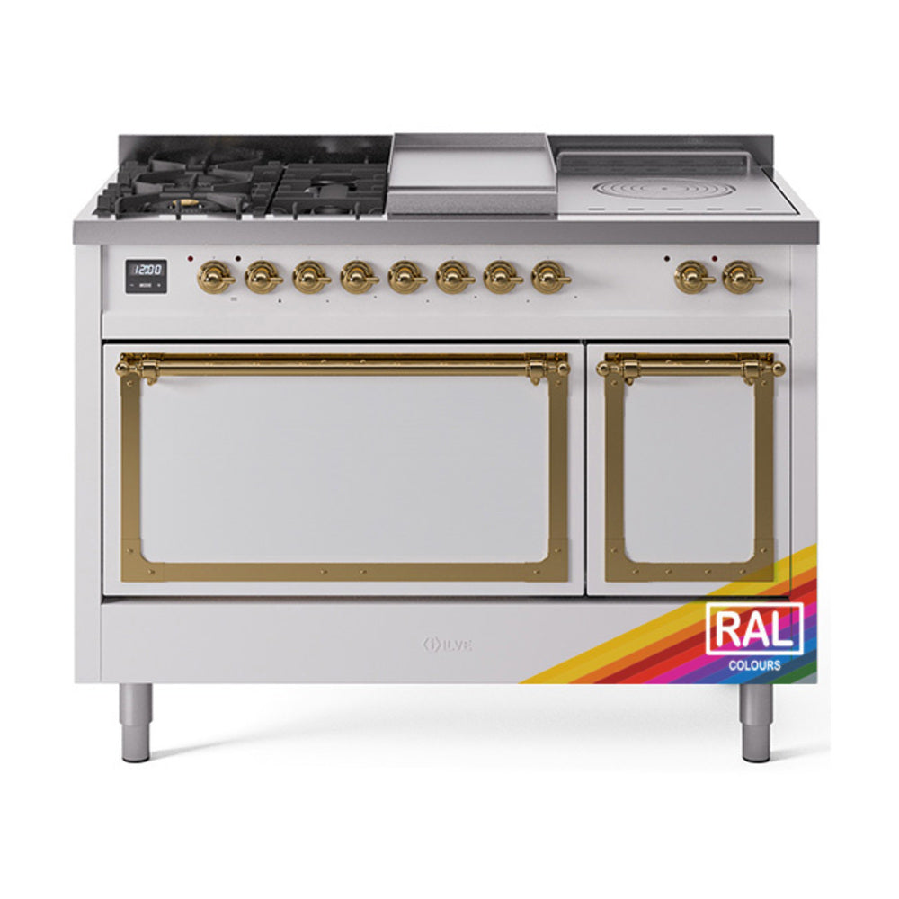 ILVE Nostalgie II Noblesse 48" Dual Fuel Freestanding Range 5 Sealed Burners + Griddle + French Top with Solid Door UN48FSQNMP