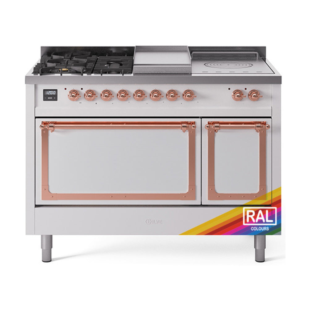 ILVE Nostalgie II Noblesse 48" Dual Fuel Freestanding Range 5 Sealed Burners + Griddle + French Top with Solid Door UN48FSQNMP