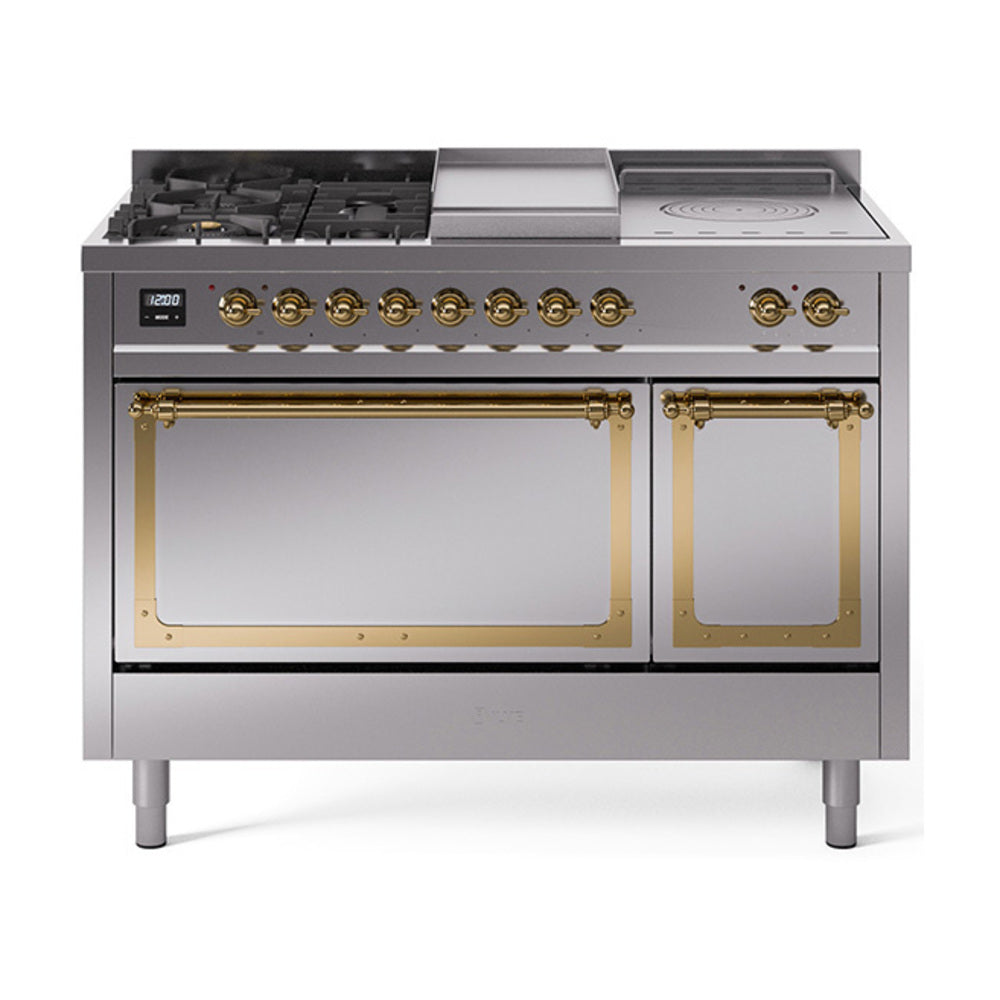 ILVE Nostalgie II Noblesse 48" Dual Fuel Freestanding Range 5 Sealed Burners + Griddle + French Top with Solid Door UN48FSQNMP