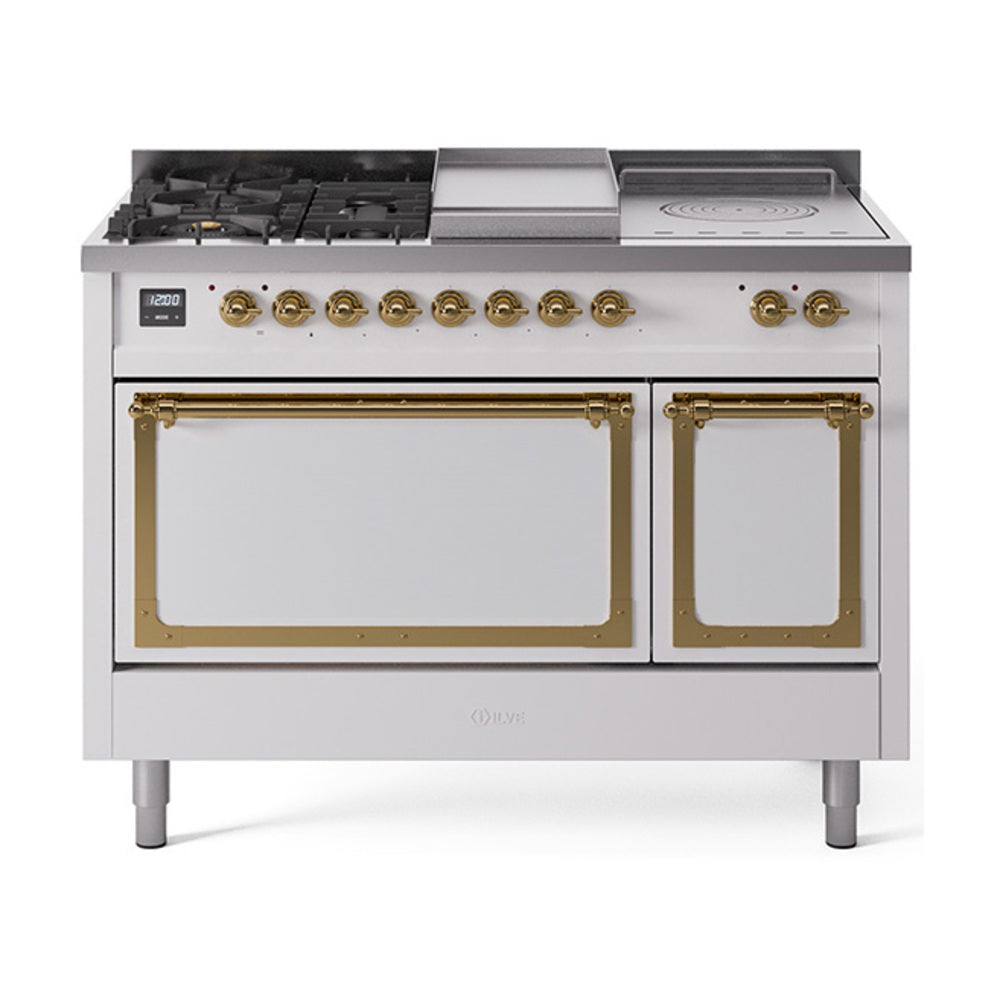 ILVE Nostalgie II Noblesse 48" Dual Fuel Freestanding Range 5 Sealed Burners + Griddle + French Top with Solid Door UN48FSQNMP