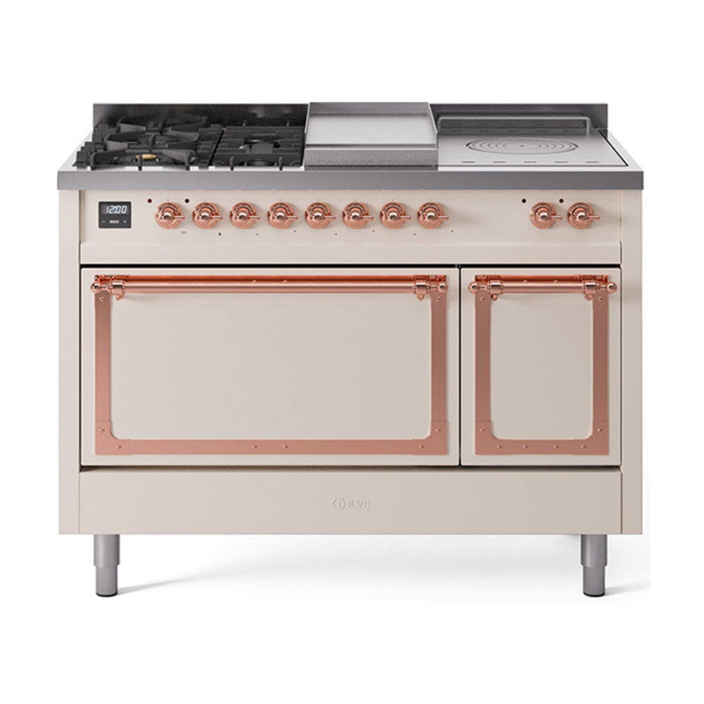 ILVE Nostalgie II Noblesse 48" Dual Fuel Freestanding Range 5 Sealed Burners + Griddle + French Top with Solid Door UN48FSQNMP
