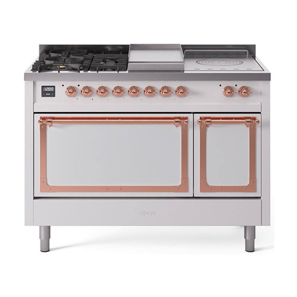 ILVE Nostalgie II Noblesse 48" Dual Fuel Freestanding Range 5 Sealed Burners + Griddle + French Top with Solid Door UN48FSQNMP