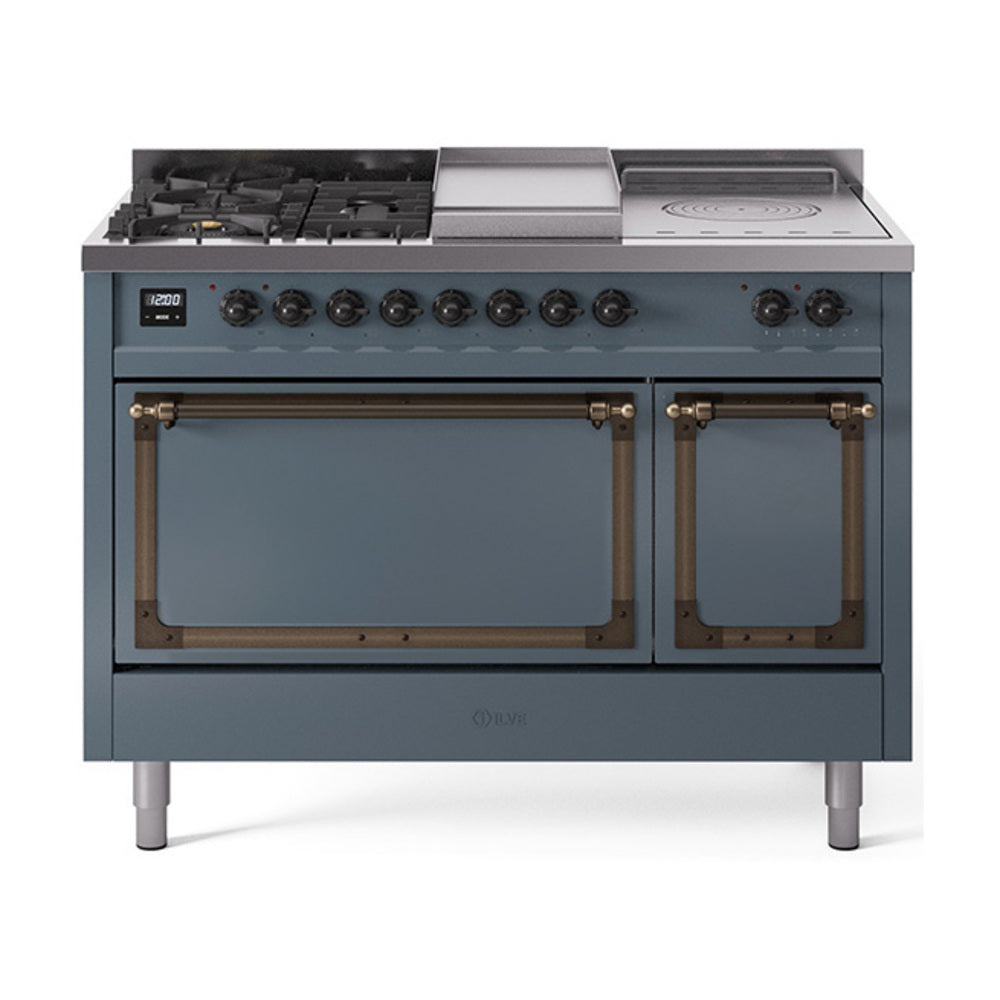 ILVE Nostalgie II Noblesse 48" Dual Fuel Freestanding Range 5 Sealed Burners + Griddle + French Top with Solid Door UN48FSQNMP