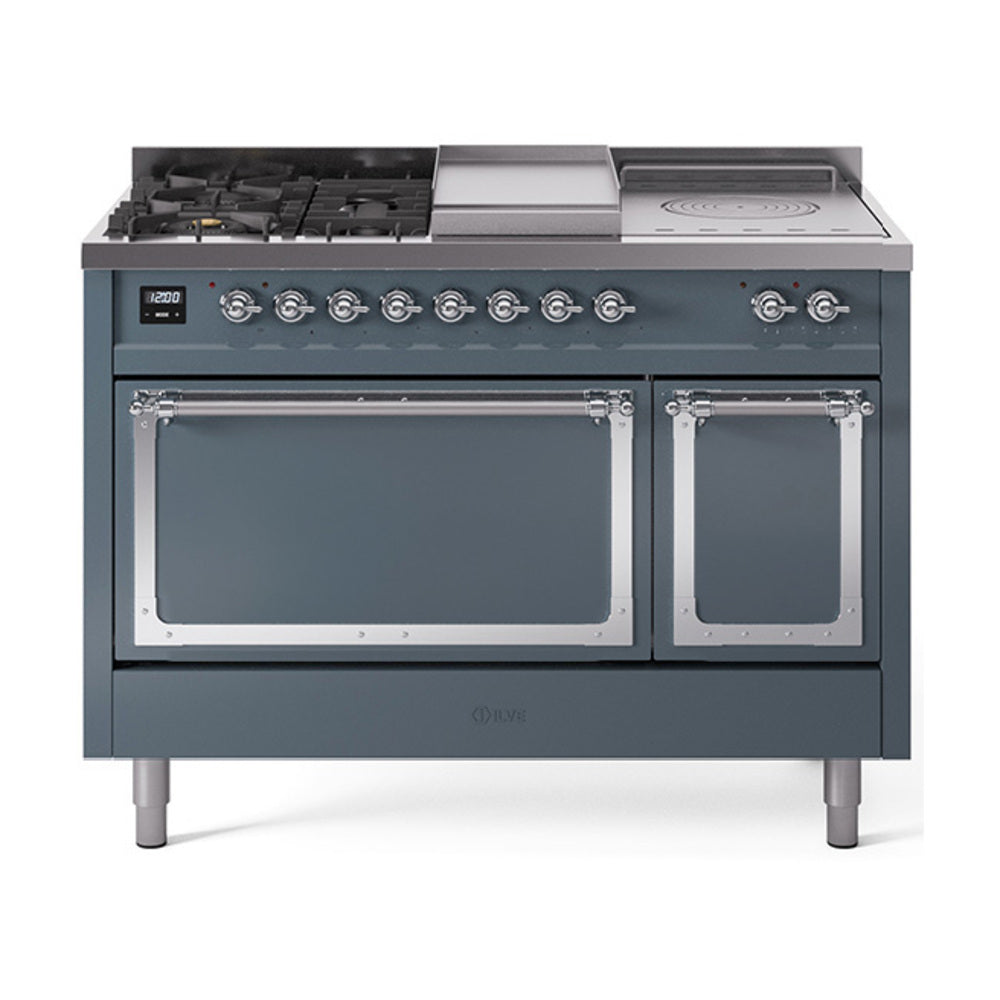 ILVE Nostalgie II Noblesse 48" Dual Fuel Freestanding Range 5 Sealed Burners + Griddle + French Top with Solid Door UN48FSQNMP