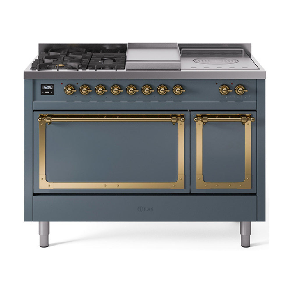 ILVE Nostalgie II Noblesse 48" Dual Fuel Freestanding Range 5 Sealed Burners + Griddle + French Top with Solid Door UN48FSQNMP