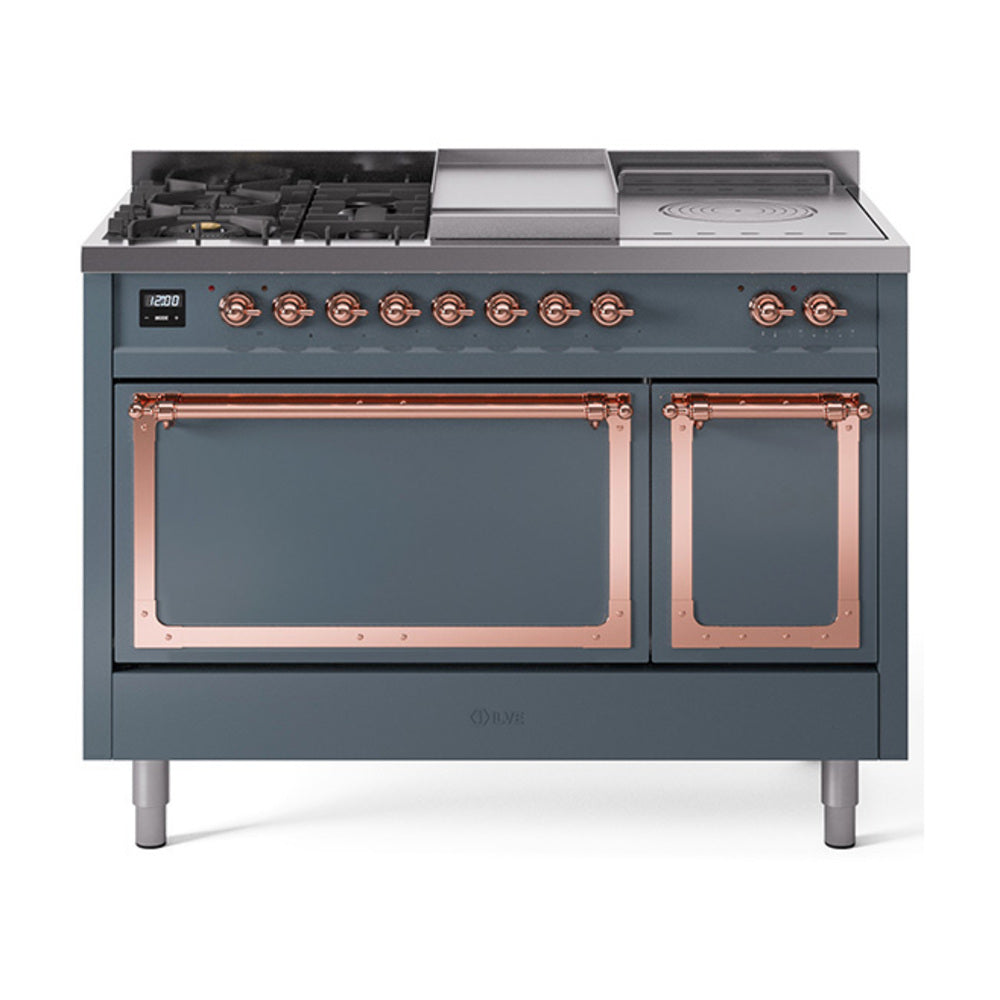 ILVE Nostalgie II Noblesse 48" Dual Fuel Freestanding Range 5 Sealed Burners + Griddle + French Top with Solid Door UN48FSQNMP