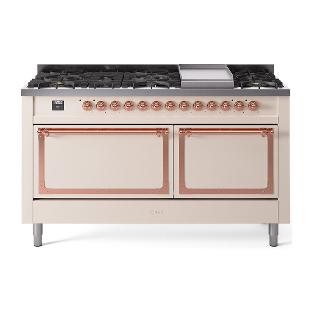 ILVE Nostalgie II Noblesse 60" Dual Fuel Freestanding Range 9 Sealed Burners + Griddle with Solid Door UN60FQNMP