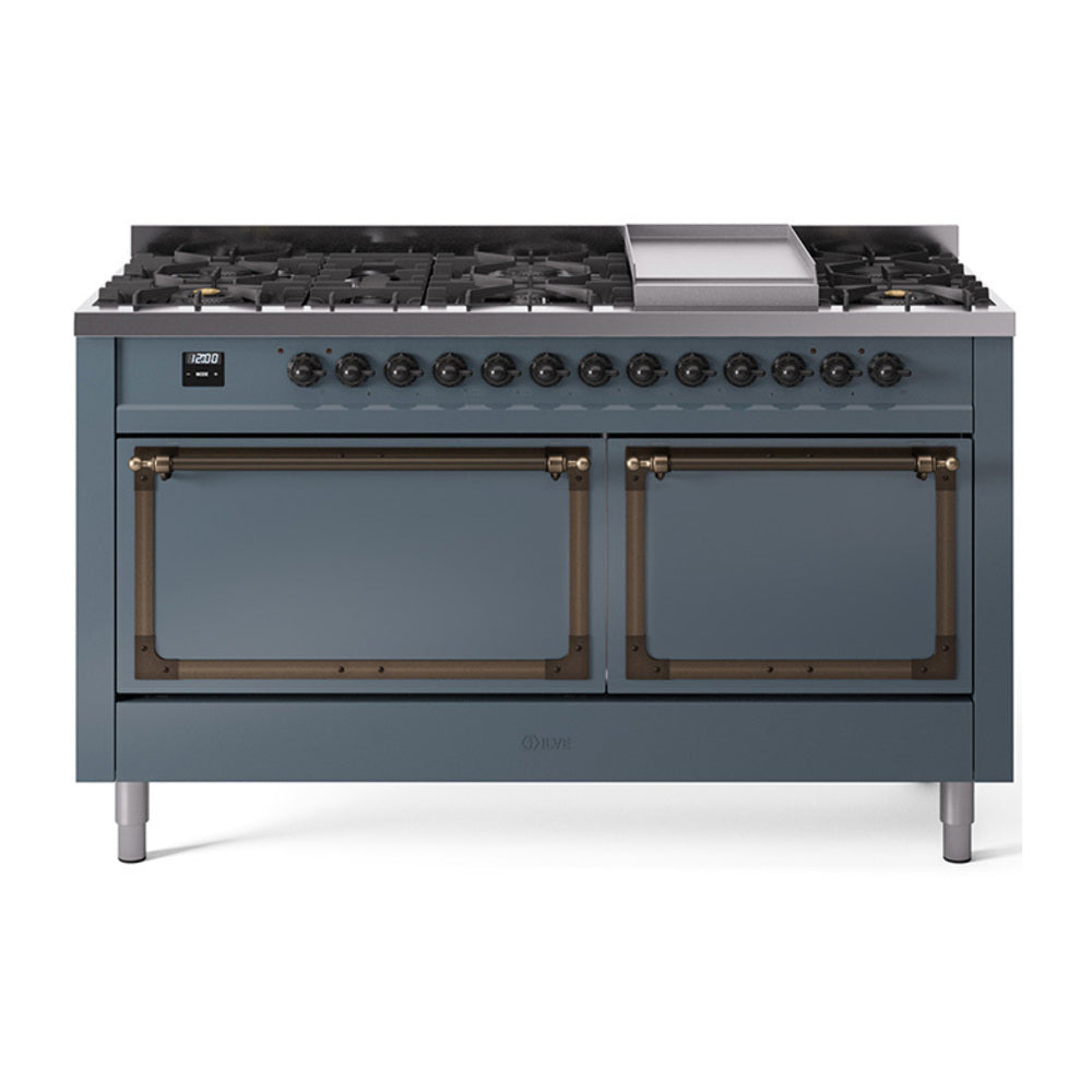 ILVE Nostalgie II Noblesse 60" Dual Fuel Freestanding Range 9 Sealed Burners + Griddle with Solid Door UN60FQNMP