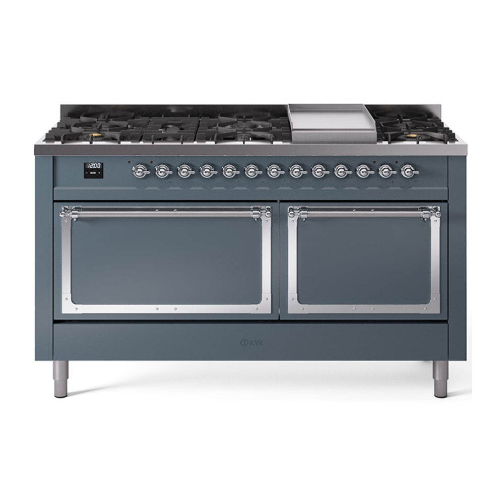 ILVE Nostalgie II Noblesse 60" Dual Fuel Freestanding Range 9 Sealed Burners + Griddle with Solid Door UN60FQNMP