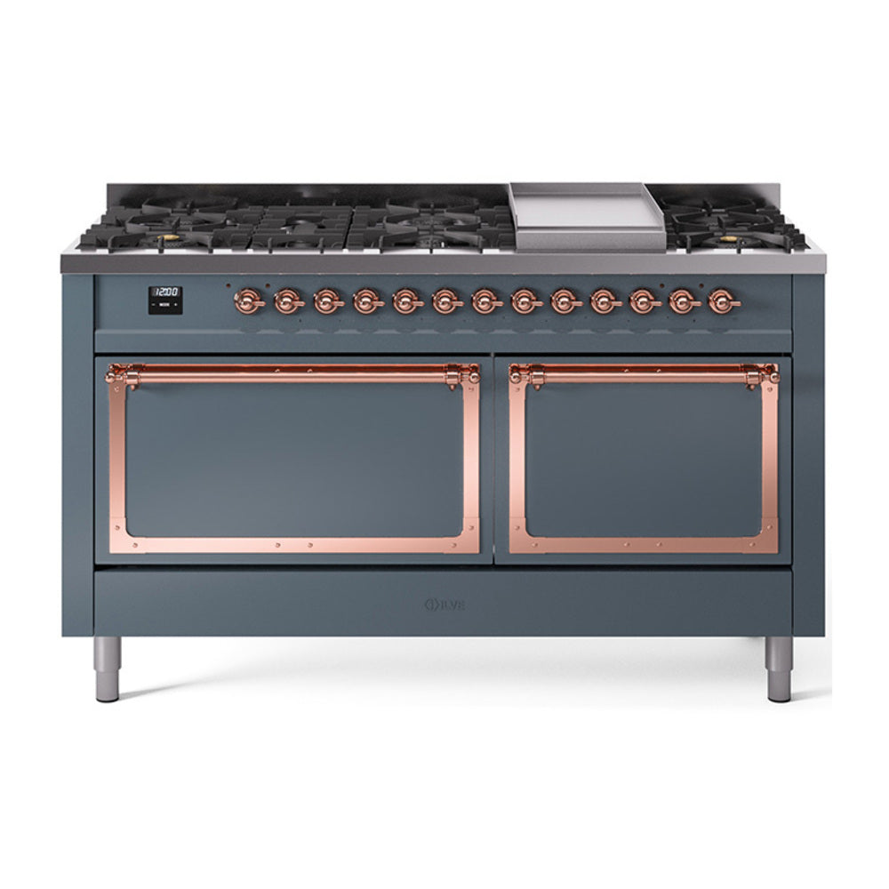 ILVE Nostalgie II Noblesse 60" Dual Fuel Freestanding Range 9 Sealed Burners + Griddle with Solid Door UN60FQNMP
