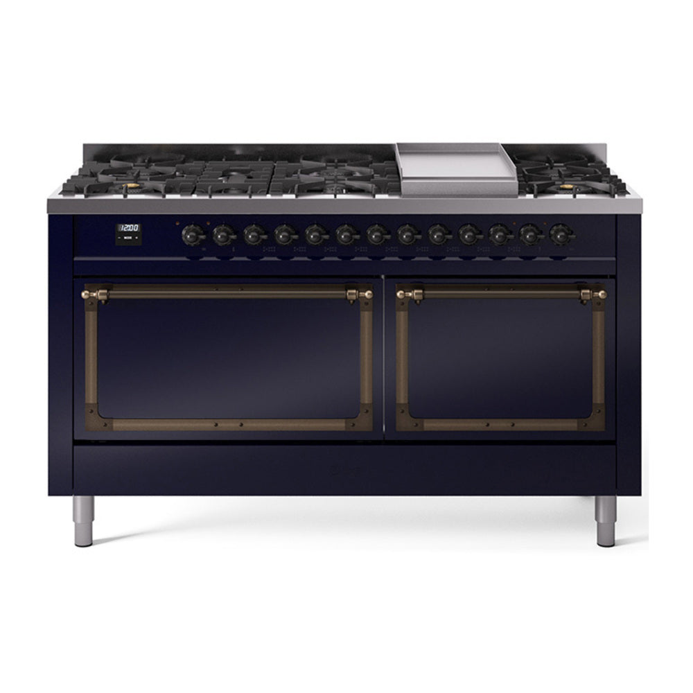 ILVE Nostalgie II Noblesse 60" Dual Fuel Freestanding Range 9 Sealed Burners + Griddle with Solid Door UN60FQNMP