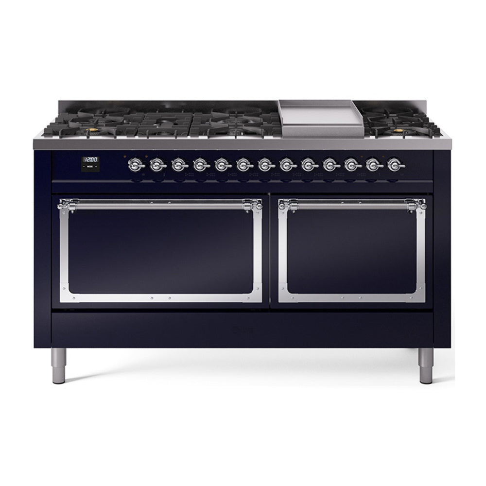 ILVE Nostalgie II Noblesse 60" Dual Fuel Freestanding Range 9 Sealed Burners + Griddle with Solid Door UN60FQNMP