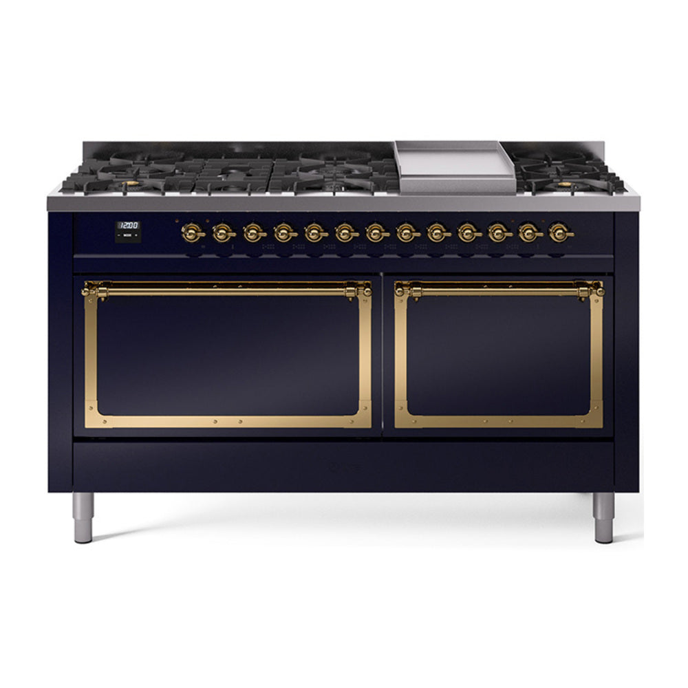 ILVE Nostalgie II Noblesse 60" Dual Fuel Freestanding Range 9 Sealed Burners + Griddle with Solid Door UN60FQNMP