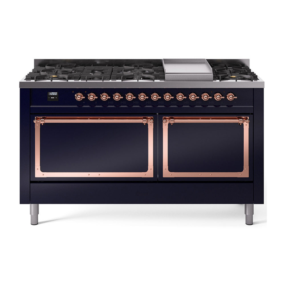 ILVE Nostalgie II Noblesse 60" Dual Fuel Freestanding Range 9 Sealed Burners + Griddle with Solid Door UN60FQNMP