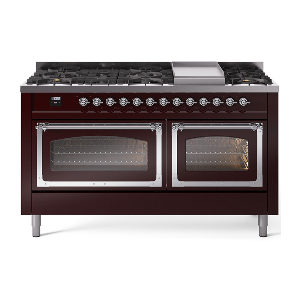 ILVE Nostalgie II Noblesse 60" Dual Fuel Freestanding Range with 9 Sealed Burners + Griddle with Triple Glass Door UN60FNMP