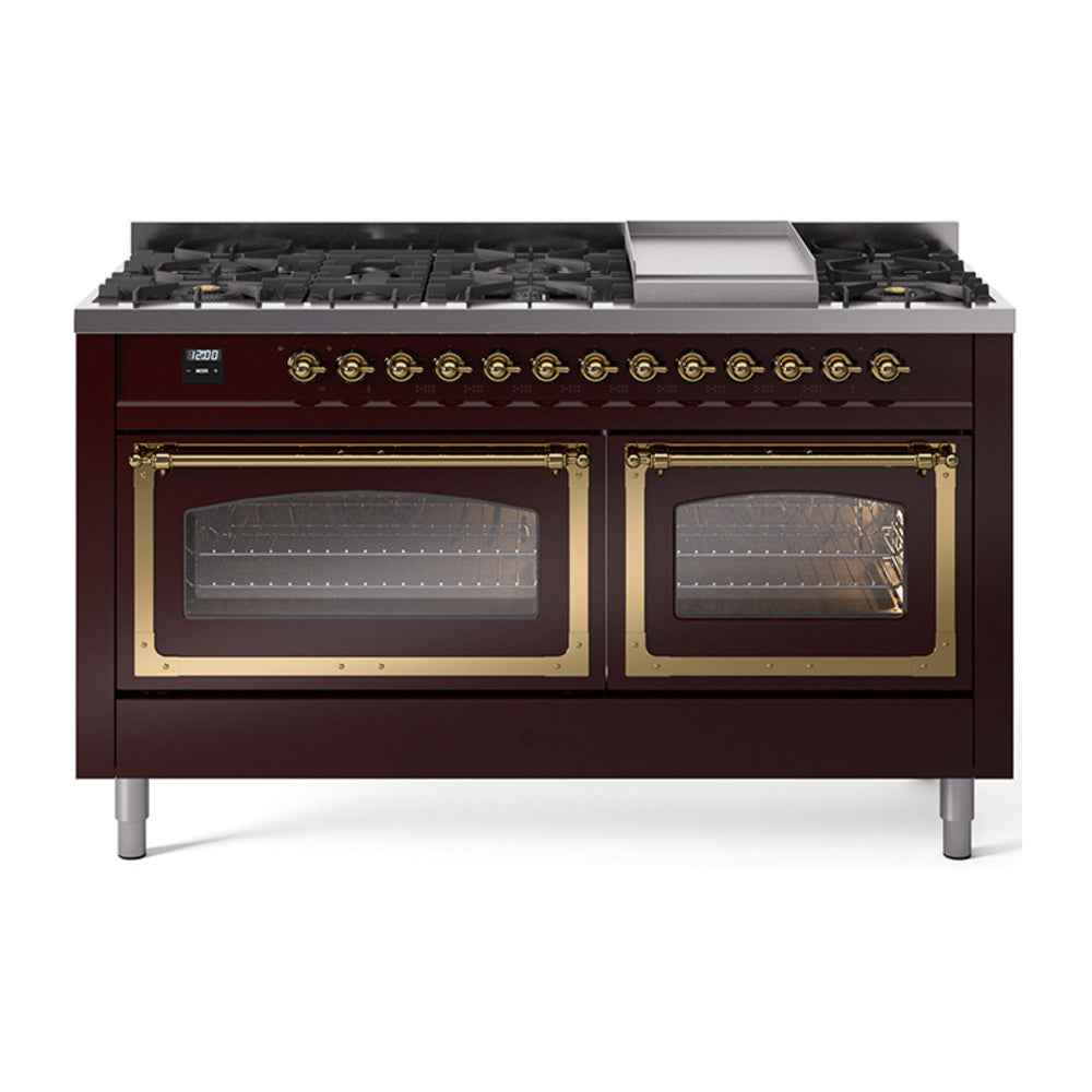 ILVE Nostalgie II Noblesse 60" Dual Fuel Freestanding Range with 9 Sealed Burners + Griddle with Triple Glass Door UN60FNMP