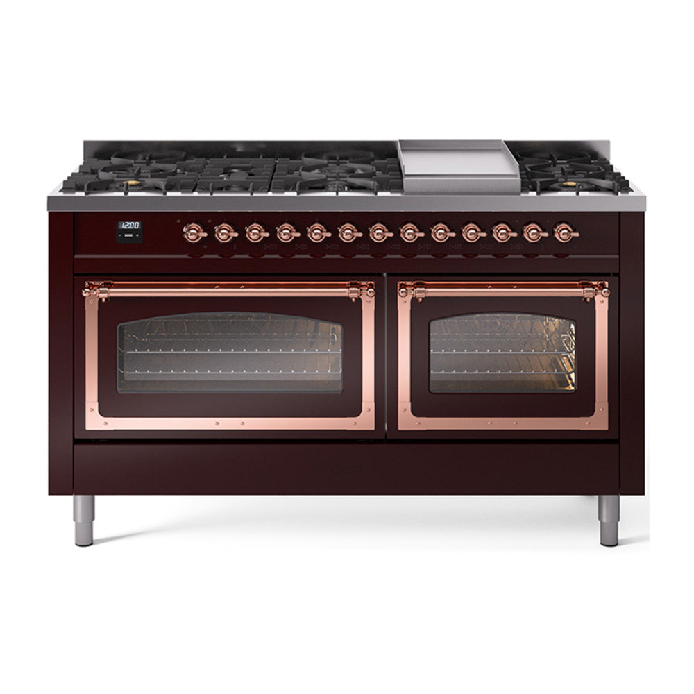 ILVE Nostalgie II Noblesse 60" Dual Fuel Freestanding Range with 9 Sealed Burners + Griddle with Triple Glass Door UN60FNMP