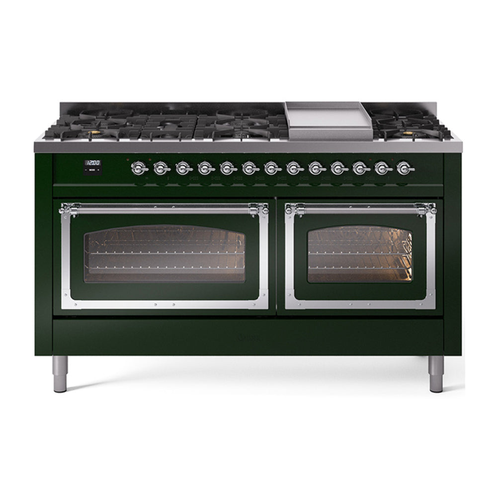 ILVE Nostalgie II Noblesse 60" Dual Fuel Freestanding Range with 9 Sealed Burners + Griddle with Triple Glass Door UN60FNMP