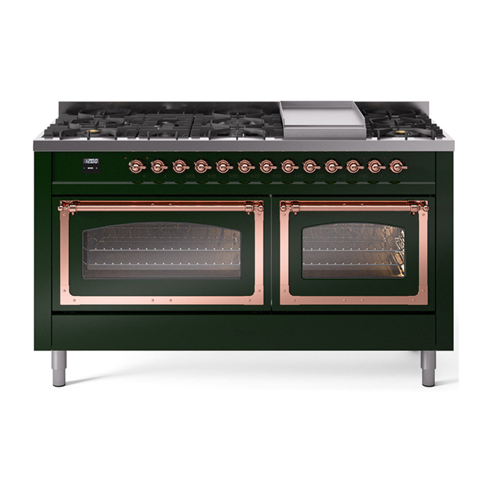 ILVE Nostalgie II Noblesse 60" Dual Fuel Freestanding Range with 9 Sealed Burners + Griddle with Triple Glass Door UN60FNMP