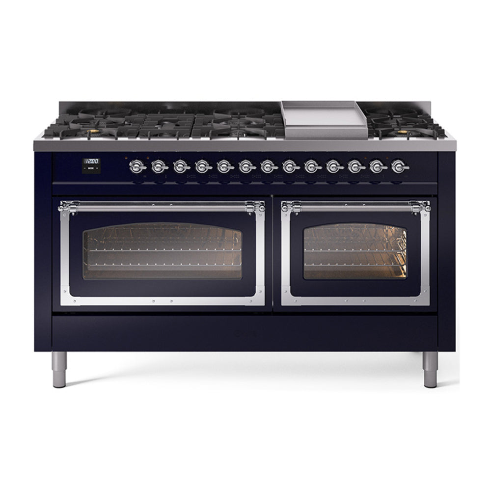 ILVE Nostalgie II Noblesse 60" Dual Fuel Freestanding Range with 9 Sealed Burners + Griddle with Triple Glass Door UN60FNMP