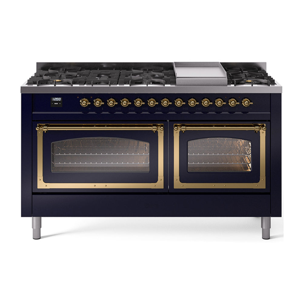 ILVE Nostalgie II Noblesse 60" Dual Fuel Freestanding Range with 9 Sealed Burners + Griddle with Triple Glass Door UN60FNMP