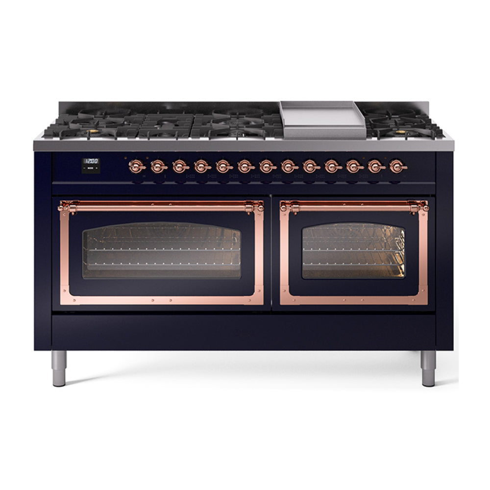 ILVE Nostalgie II Noblesse 60" Dual Fuel Freestanding Range with 9 Sealed Burners + Griddle with Triple Glass Door UN60FNMP
