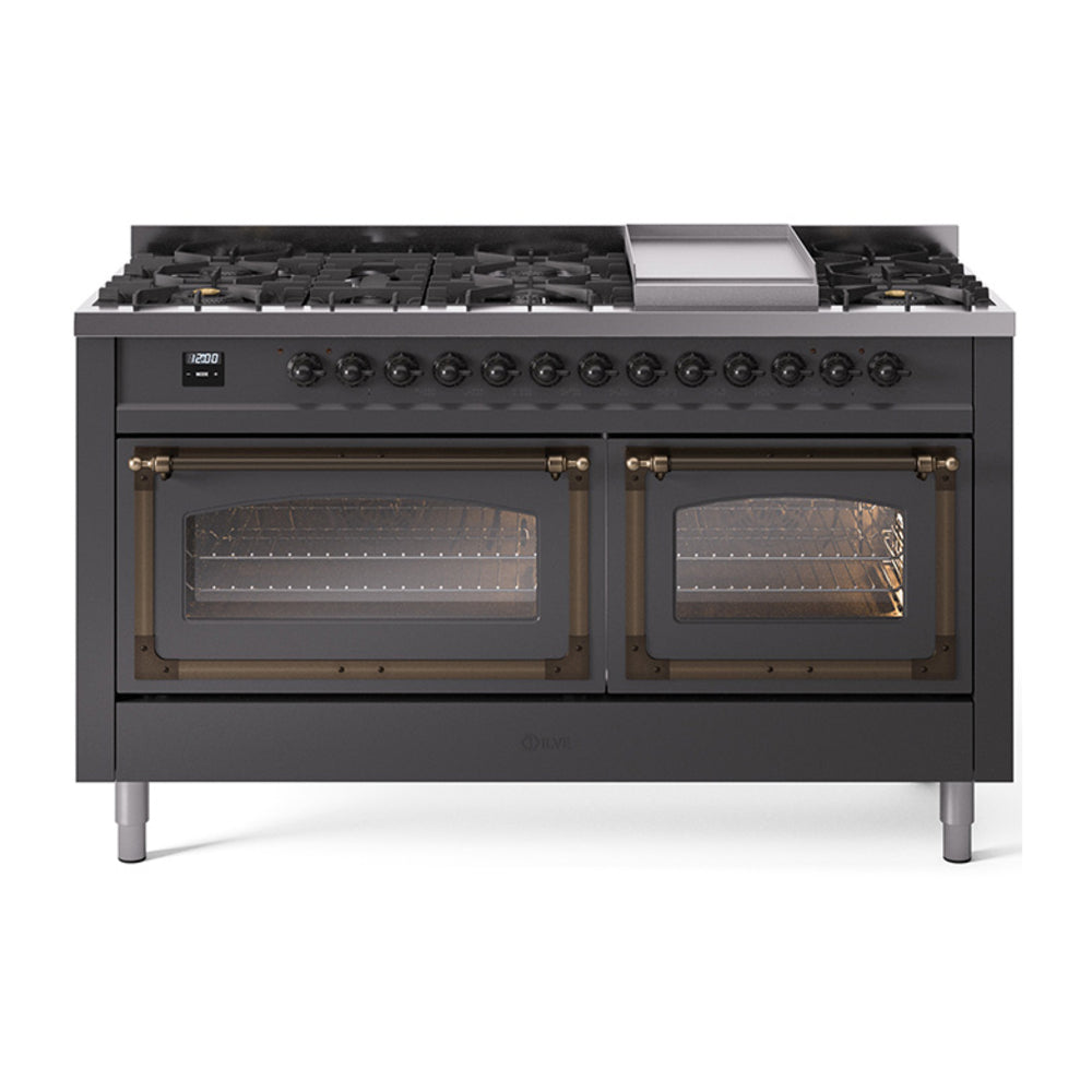 ILVE Nostalgie II Noblesse 60" Dual Fuel Freestanding Range with 9 Sealed Burners + Griddle with Triple Glass Door UN60FNMP