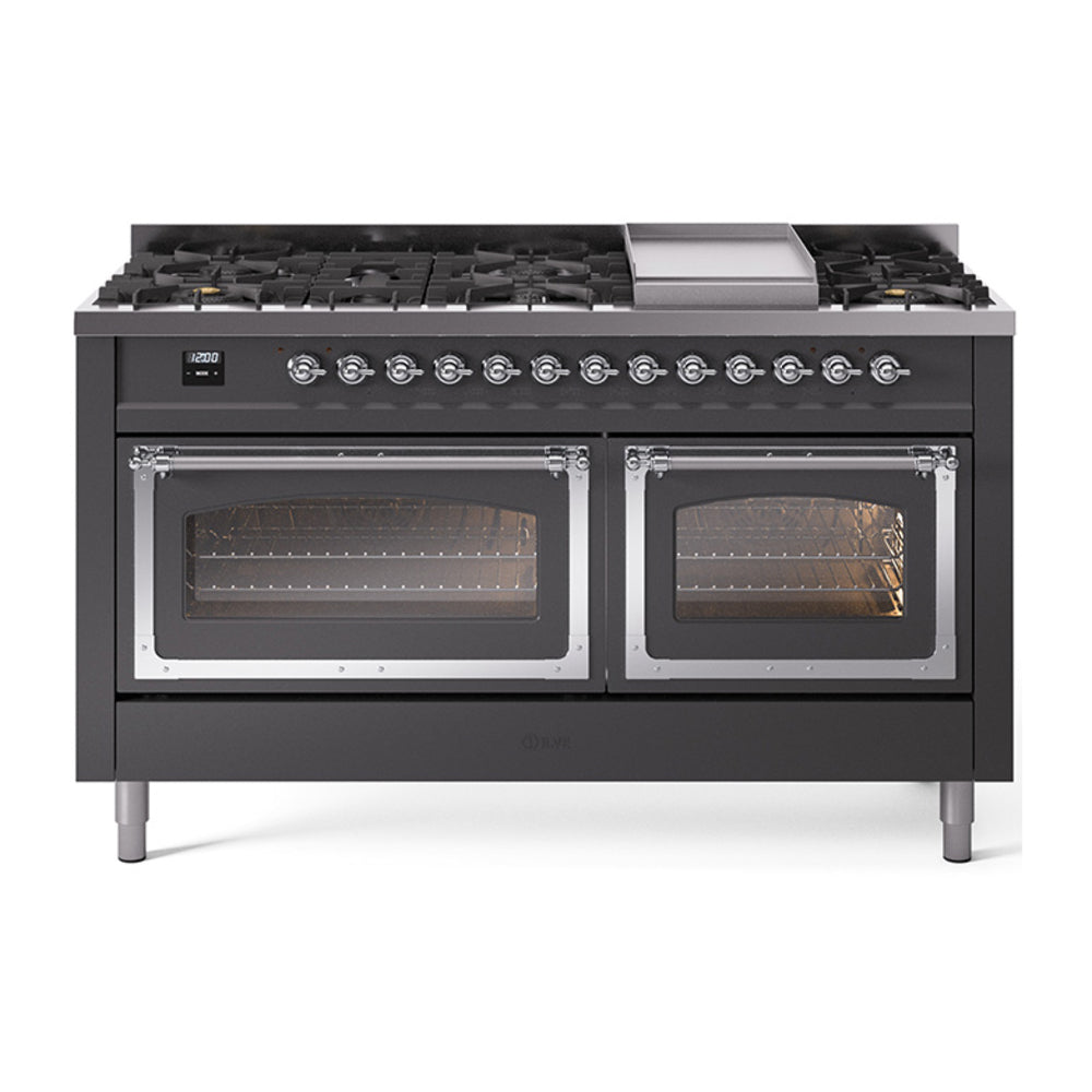 ILVE Nostalgie II Noblesse 60" Dual Fuel Freestanding Range with 9 Sealed Burners + Griddle with Triple Glass Door UN60FNMP