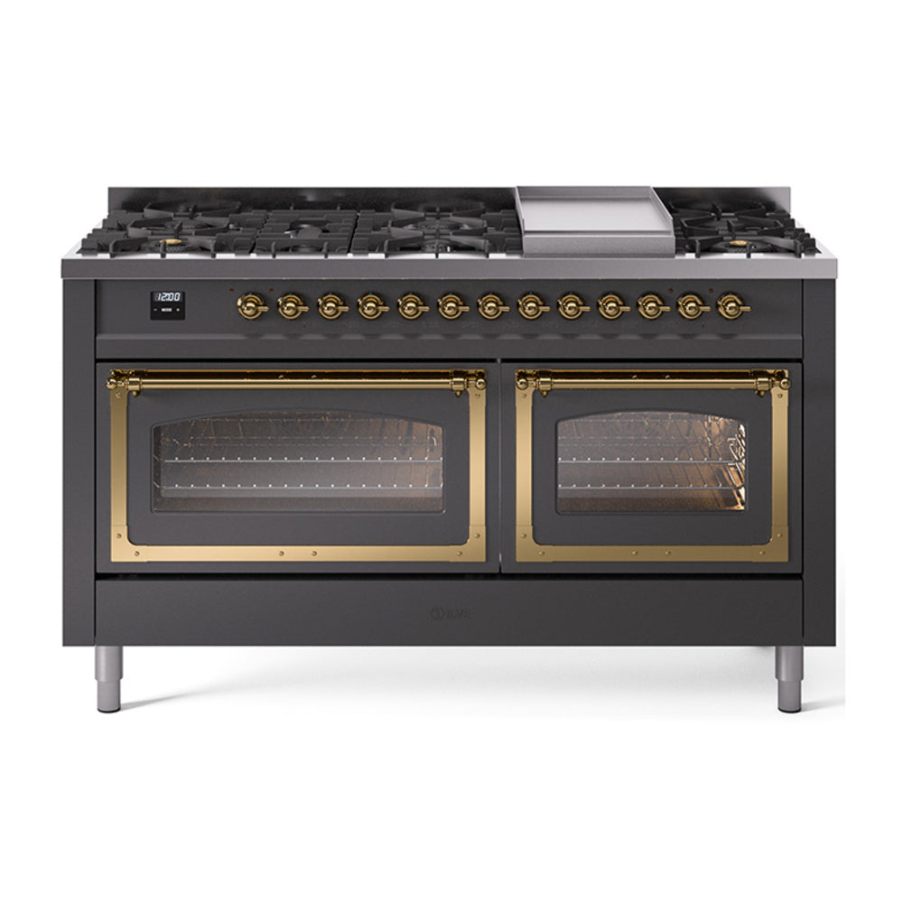 ILVE Nostalgie II Noblesse 60" Dual Fuel Freestanding Range with 9 Sealed Burners + Griddle with Triple Glass Door UN60FNMP