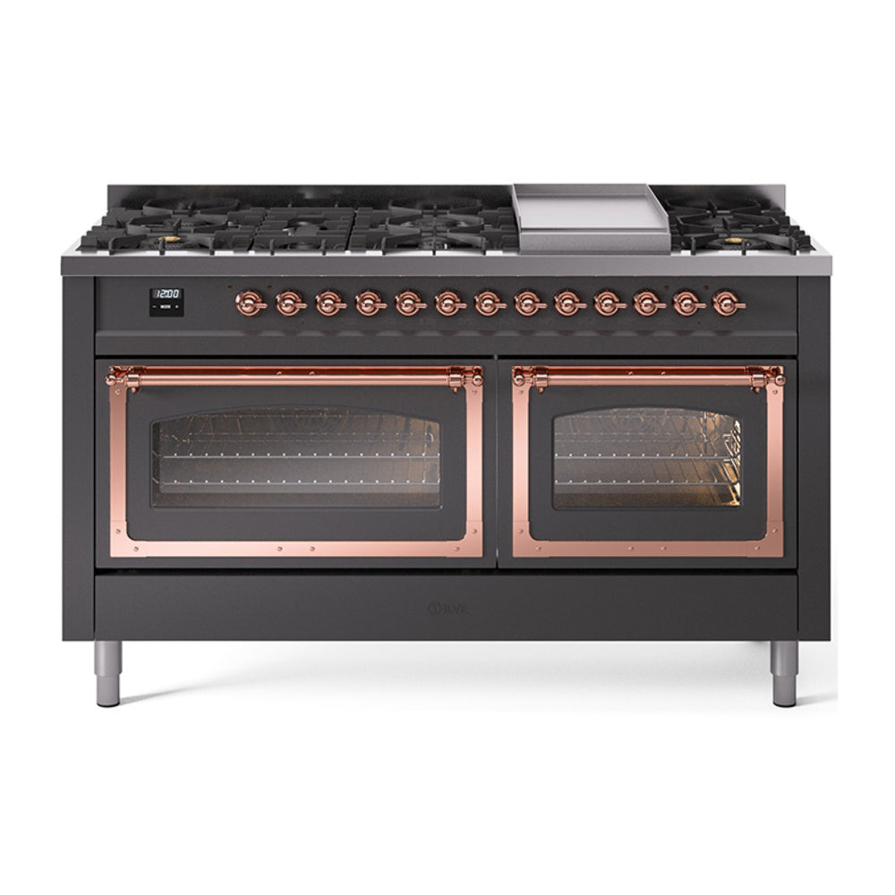 ILVE Nostalgie II Noblesse 60" Dual Fuel Freestanding Range with 9 Sealed Burners + Griddle with Triple Glass Door UN60FNMP