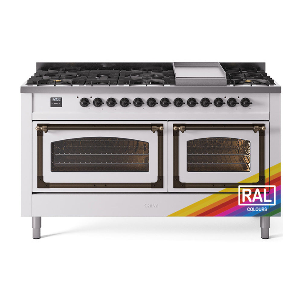ILVE Nostalgie II Noblesse 60" Dual Fuel Freestanding Range with 9 Sealed Burners + Griddle with Triple Glass Door UN60FNMP