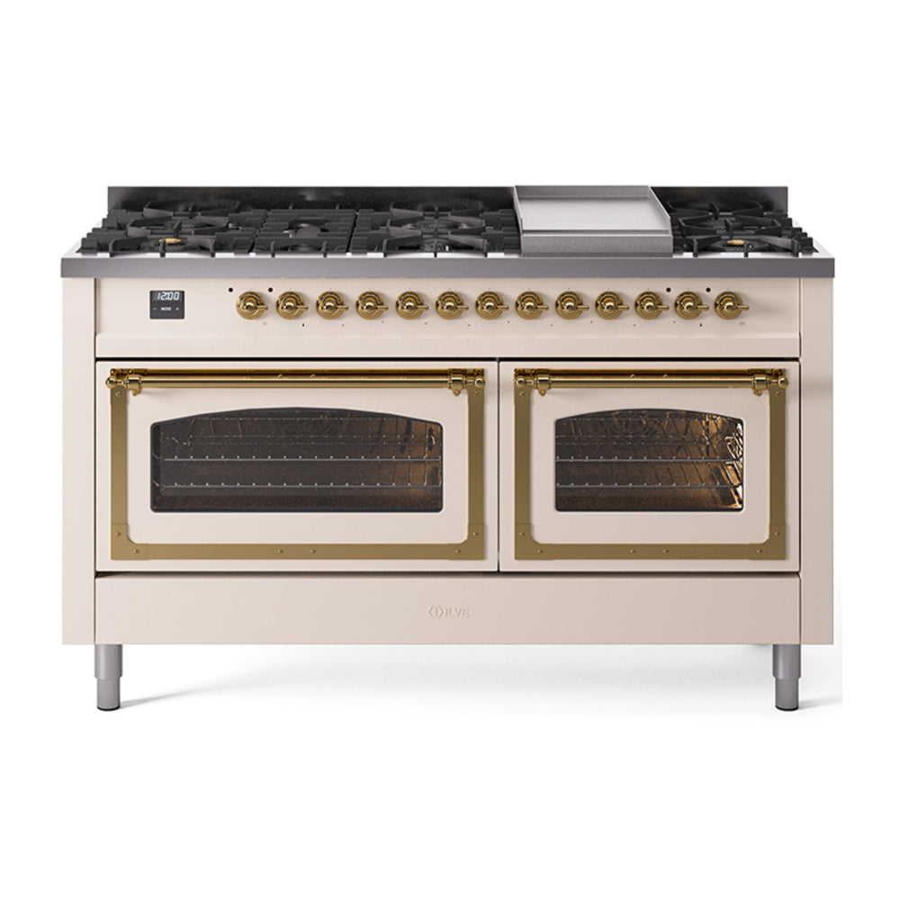 ILVE Nostalgie II Noblesse 60" Dual Fuel Freestanding Range with 9 Sealed Burners + Griddle with Triple Glass Door UN60FNMP