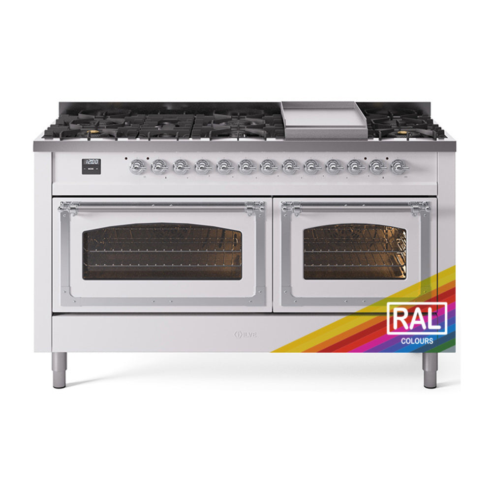 ILVE Nostalgie II Noblesse 60" Dual Fuel Freestanding Range with 9 Sealed Burners + Griddle with Triple Glass Door UN60FNMP