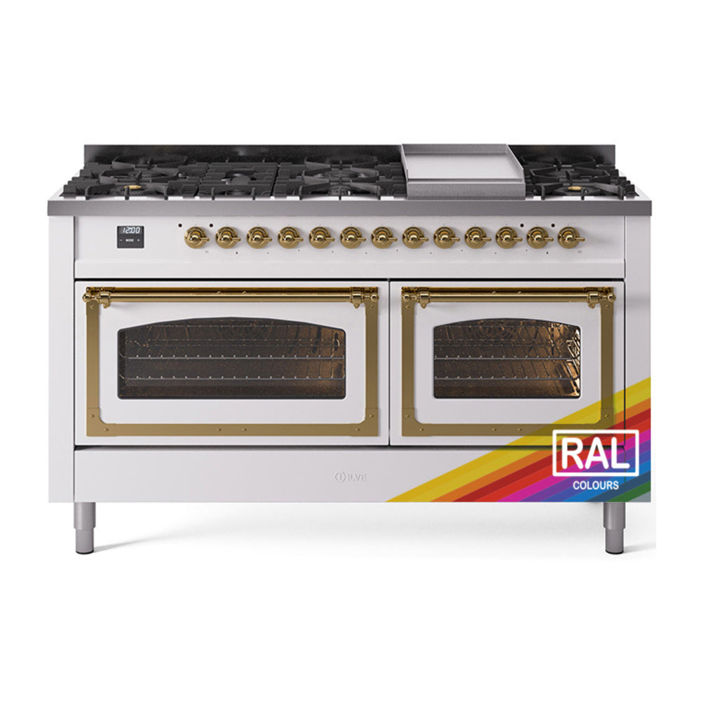 ILVE Nostalgie II Noblesse 60" Dual Fuel Freestanding Range with 9 Sealed Burners + Griddle with Triple Glass Door UN60FNMP