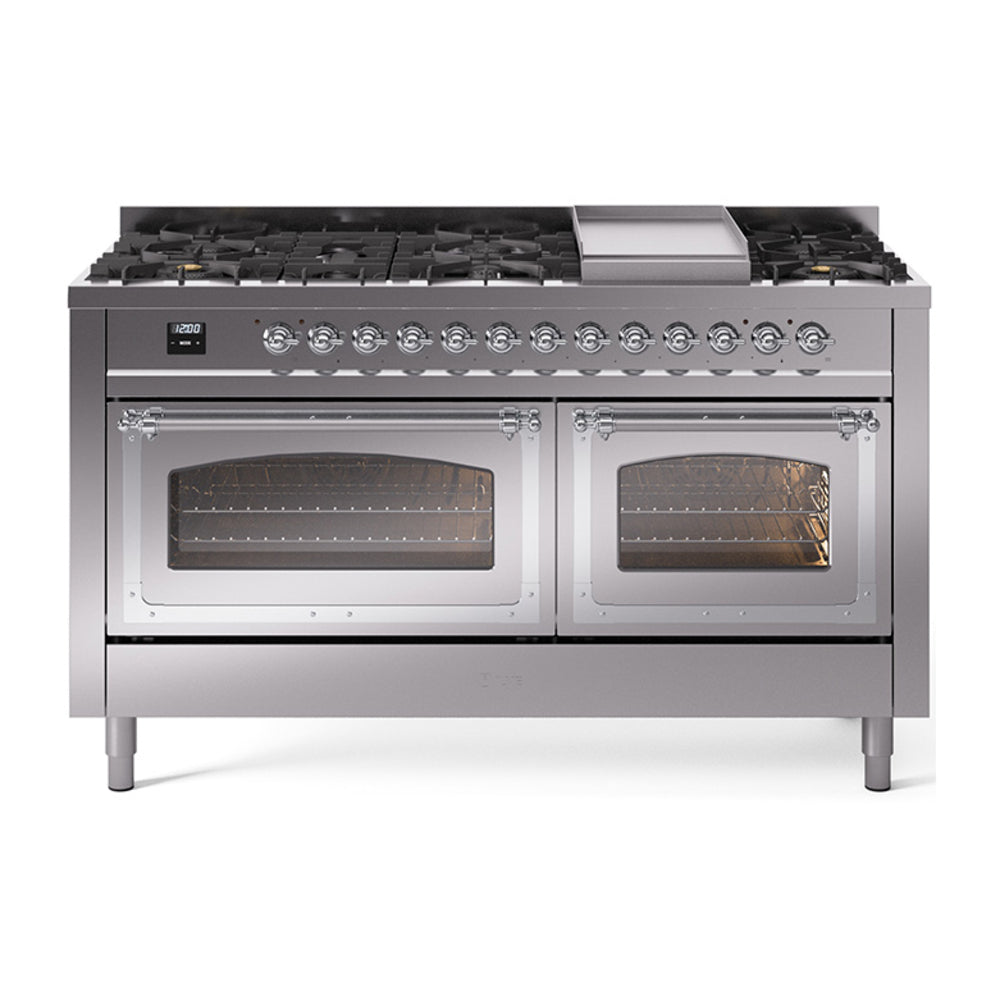 ILVE Nostalgie II Noblesse 60" Dual Fuel Freestanding Range with 9 Sealed Burners + Griddle with Triple Glass Door UN60FNMP