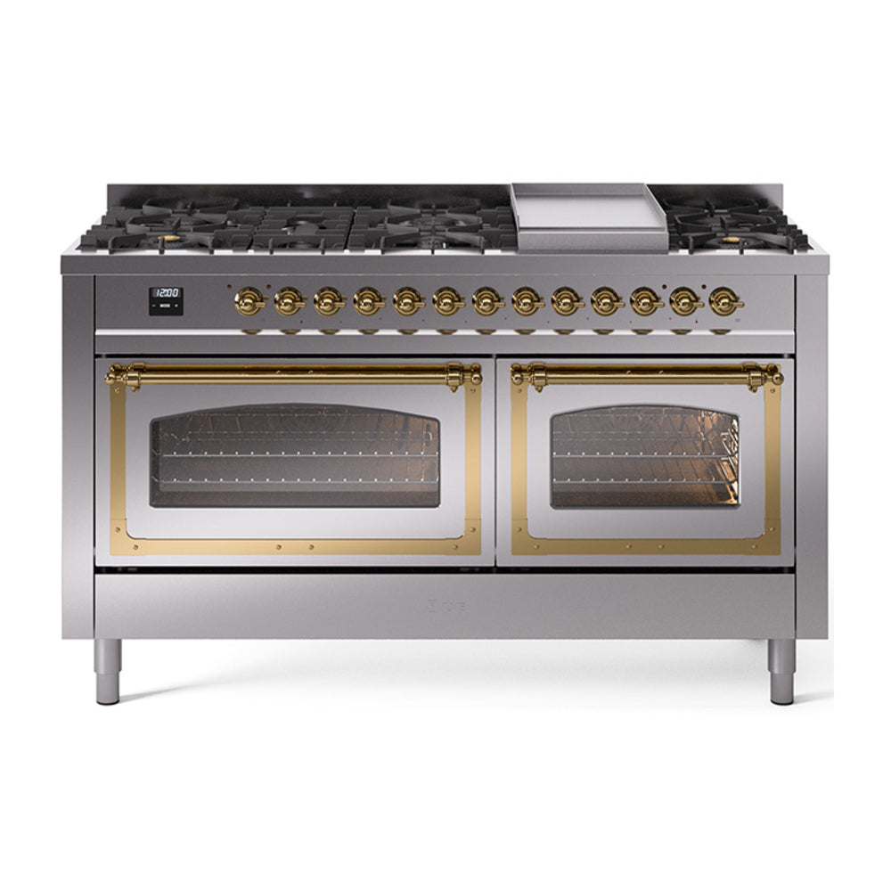 ILVE Nostalgie II Noblesse 60" Dual Fuel Freestanding Range with 9 Sealed Burners + Griddle with Triple Glass Door UN60FNMP