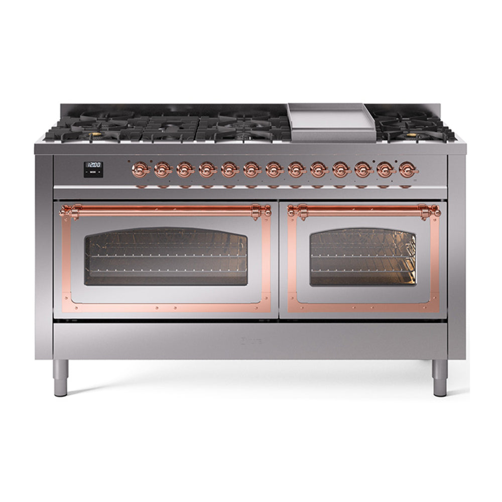 ILVE Nostalgie II Noblesse 60" Dual Fuel Freestanding Range with 9 Sealed Burners + Griddle with Triple Glass Door UN60FNMP