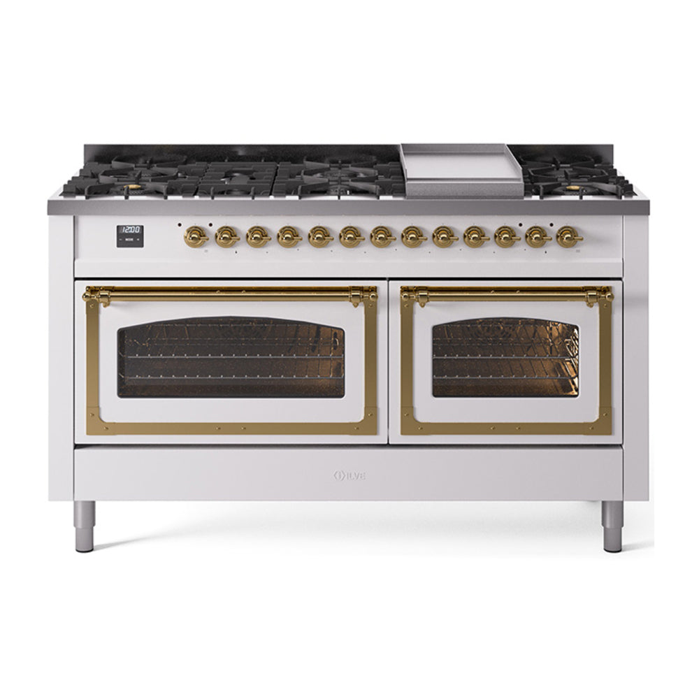 ILVE Nostalgie II Noblesse 60" Dual Fuel Freestanding Range with 9 Sealed Burners + Griddle with Triple Glass Door UN60FNMP