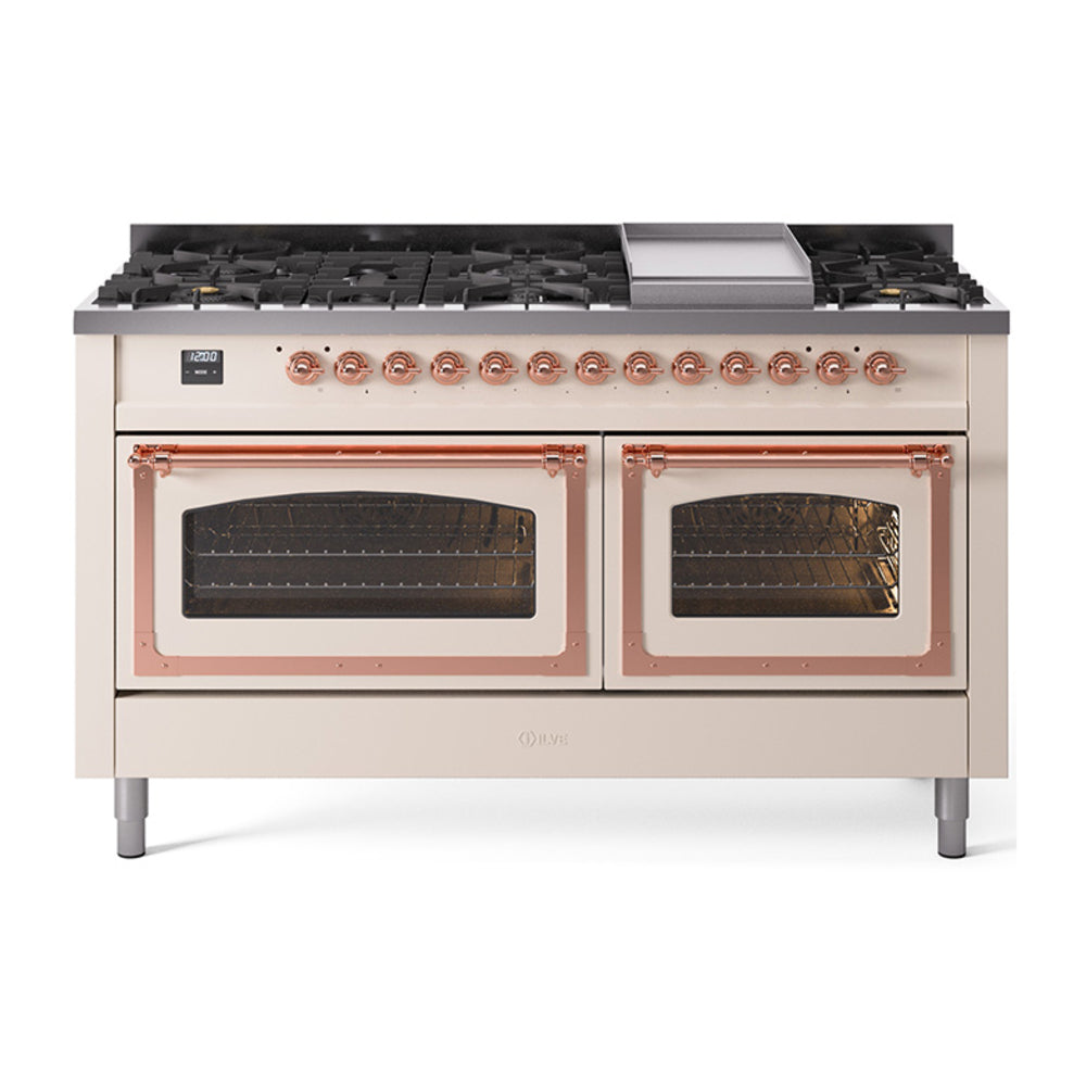ILVE Nostalgie II Noblesse 60" Dual Fuel Freestanding Range with 9 Sealed Burners + Griddle with Triple Glass Door UN60FNMP