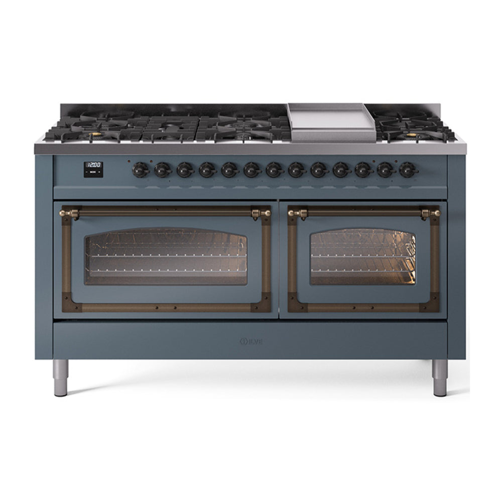 ILVE Nostalgie II Noblesse 60" Dual Fuel Freestanding Range with 9 Sealed Burners + Griddle with Triple Glass Door UN60FNMP