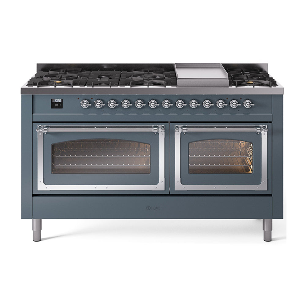 ILVE Nostalgie II Noblesse 60" Dual Fuel Freestanding Range with 9 Sealed Burners + Griddle with Triple Glass Door UN60FNMP