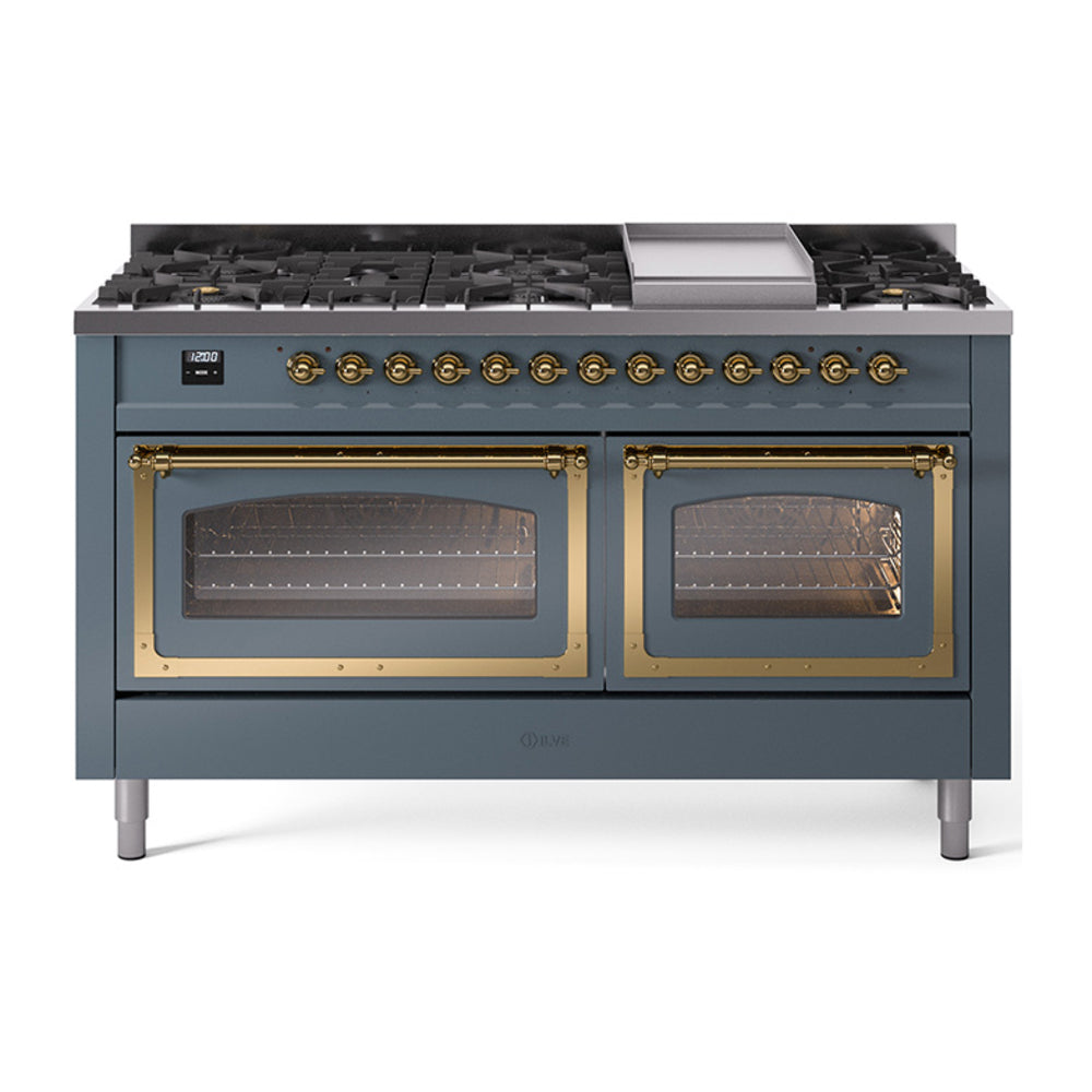 ILVE Nostalgie II Noblesse 60" Dual Fuel Freestanding Range with 9 Sealed Burners + Griddle with Triple Glass Door UN60FNMP