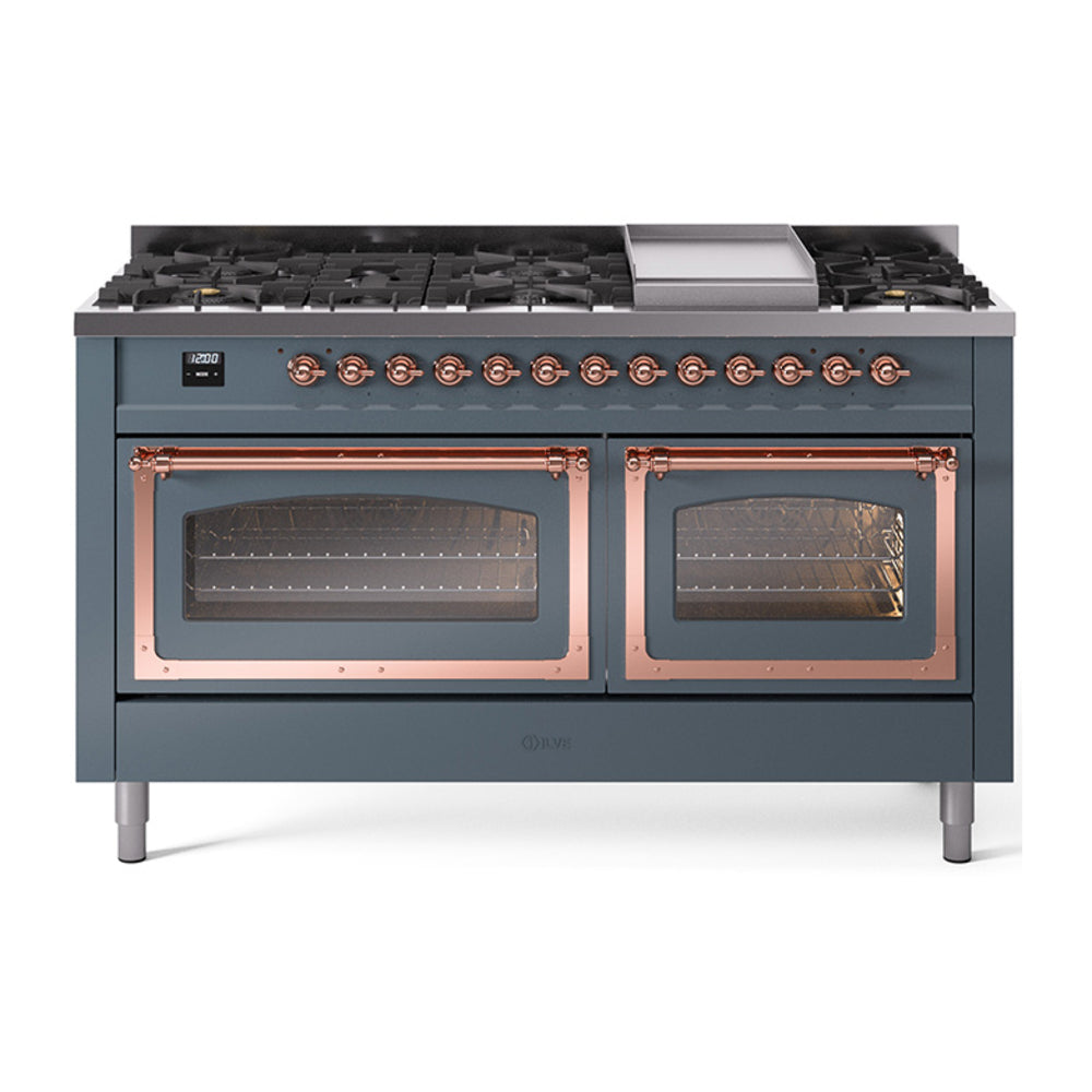 ILVE Nostalgie II Noblesse 60" Dual Fuel Freestanding Range with 9 Sealed Burners + Griddle with Triple Glass Door UN60FNMP