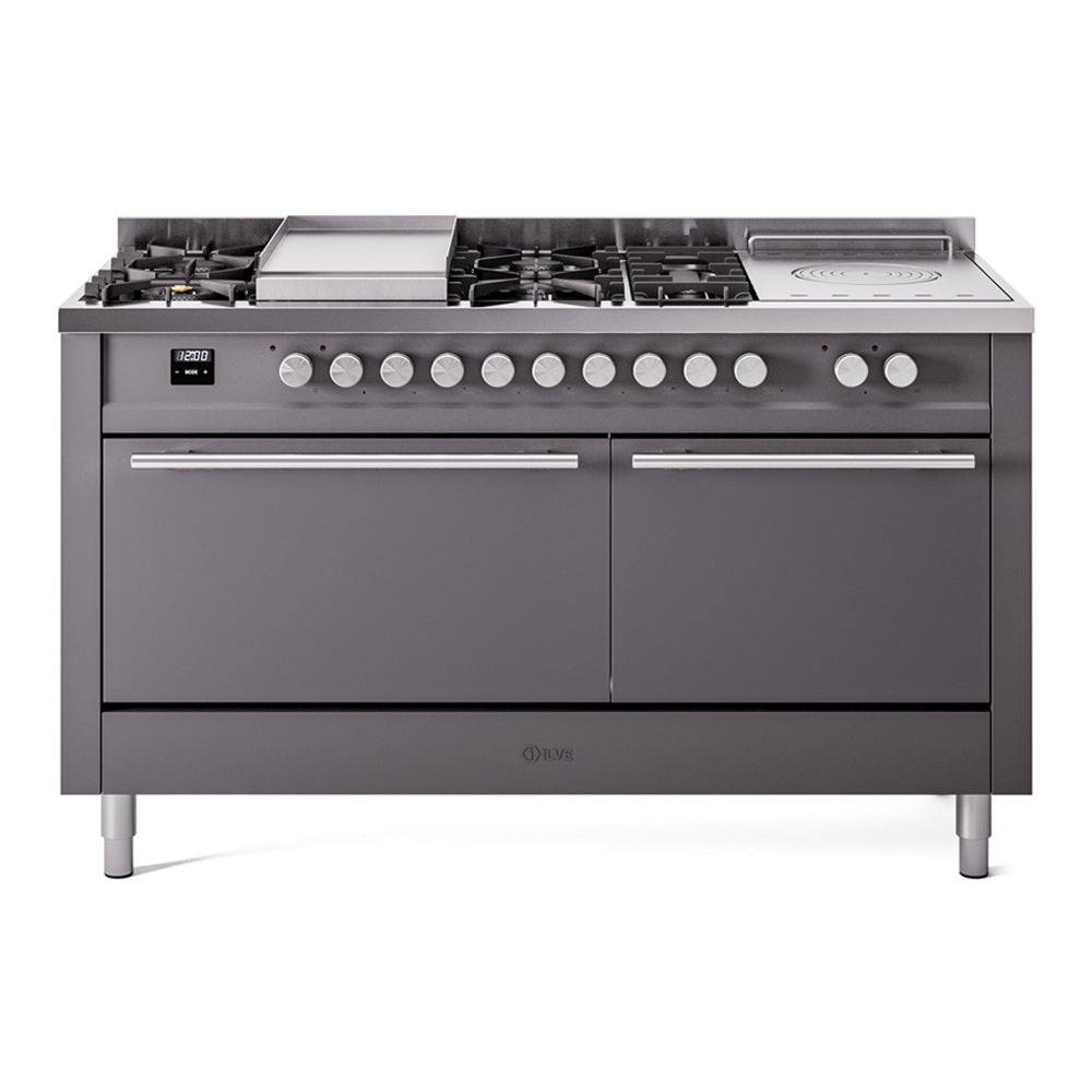 ILVE Professional Plus II 60" Dual Fuel Range with 7 Sealed Burners + Griddle + French Top Solid Door UP60FSQMP