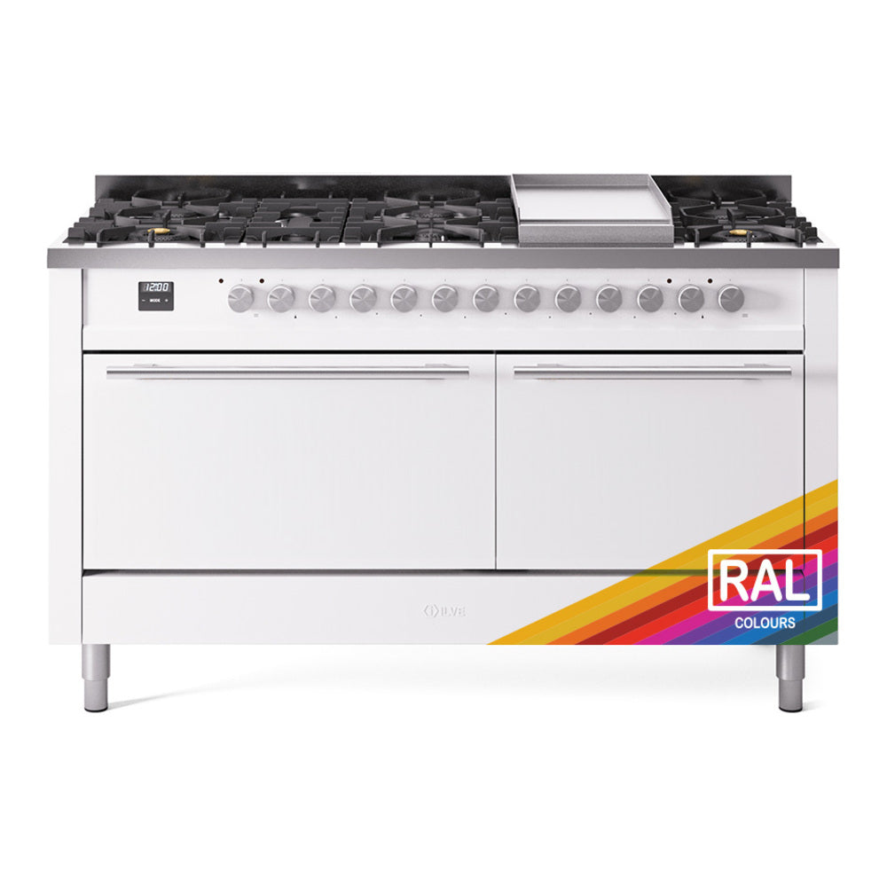 ILVE Professional Plus II 60" Dual Fuel Range with 9 Sealed Burners + Griddle Solid Door UP60FQMP
