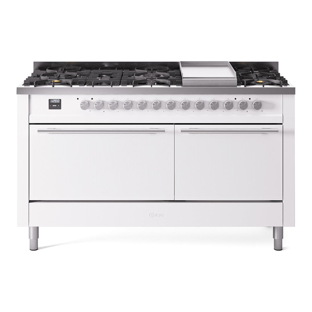 ILVE Professional Plus II 60" Dual Fuel Range with 9 Sealed Burners + Griddle Solid Door UP60FQMP