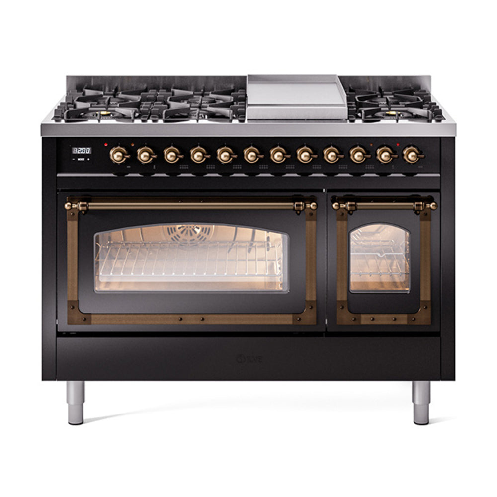ILVE Nostalgie II Noblesse 48" Dual Fuel Freestanding Range 8 Sealed Burners + Griddle with Triple Glass Door UN48FNMP