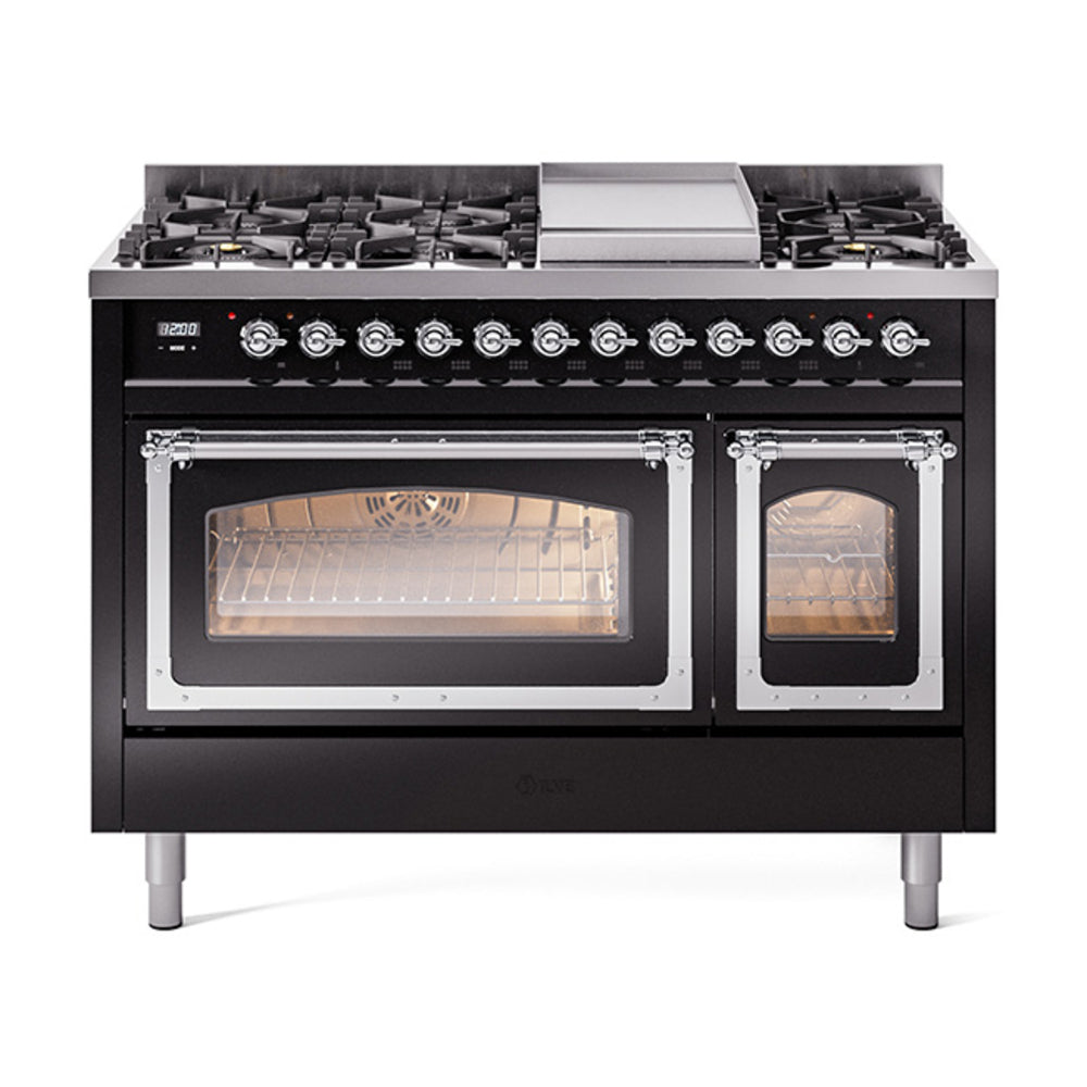 ILVE Nostalgie II Noblesse 48" Dual Fuel Freestanding Range 8 Sealed Burners + Griddle with Triple Glass Door UN48FNMP