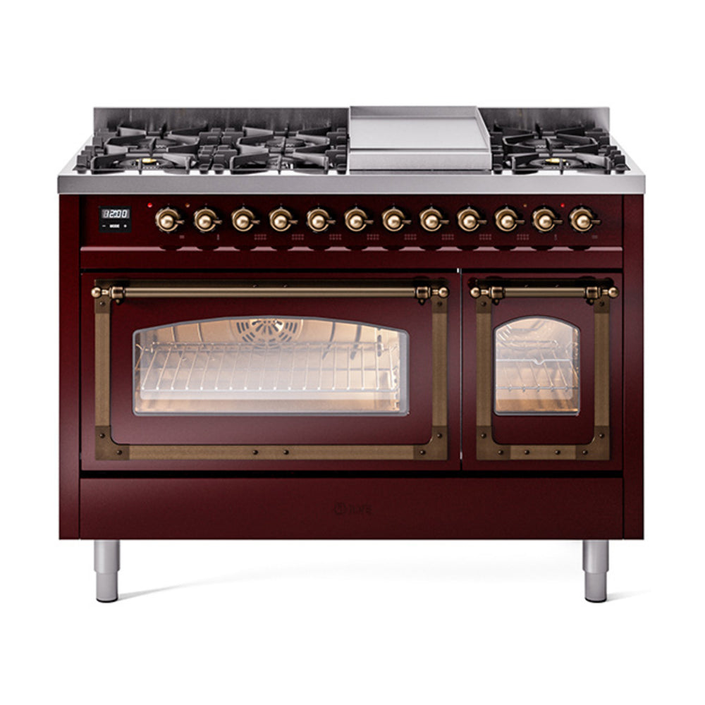 ILVE Nostalgie II Noblesse 48" Dual Fuel Freestanding Range 8 Sealed Burners + Griddle with Triple Glass Door UN48FNMP